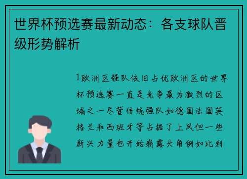 世界杯预选赛最新动态：各支球队晋级形势解析